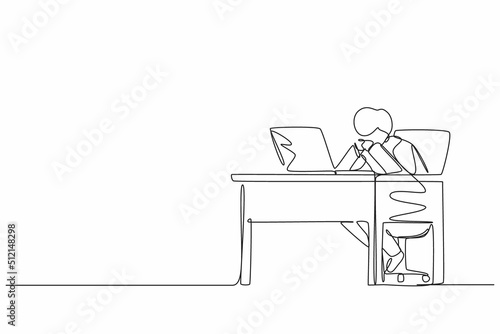 Single one line drawing pensive businessman working at laptop. Frustrated male in doubt with hand on chin gesture. Work at home office. Remote job, workplace. Continuous line design graphic vector
