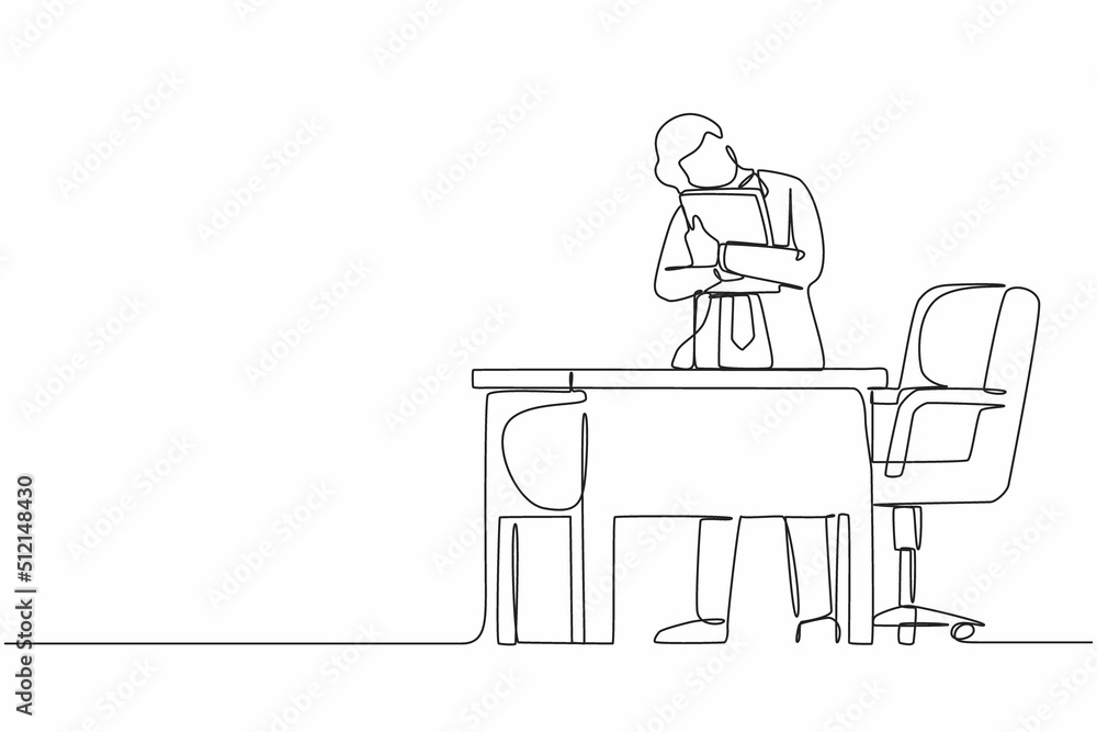 Single continuous line drawing businessman hugging laptop at office. Love to computer concept. Young emotional male. Human emotions, facial expression. One line draw graphic design vector illustration