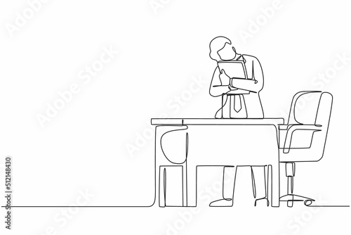 Single continuous line drawing businessman hugging laptop at office. Love to computer concept. Young emotional male. Human emotions  facial expression. One line draw graphic design vector illustration