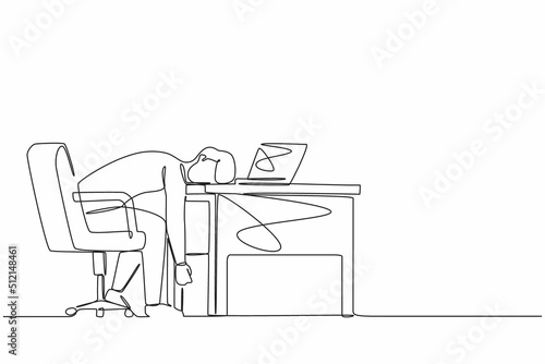 Continuous one line drawing professional burnout syndrome. Exhausted sick tired male manager in office sad boring sitting with head down on laptop. Single line draw design vector graphic illustration