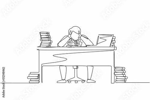 Single one line drawing stressed businessman throwing tantrum in office holding his hands to his head shouting while seated at desk surrounded by files. Continuous line draw design graphic vector