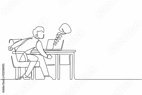Single continuous line drawing sad man using social media and being punched by boxing gloves from computer laptop. Cyber bullying, online harassment using social media. One line graphic design vector