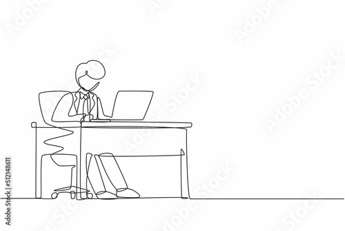 Single one line drawing male works in office. Businessman working, typing and sending messages. Work, table, computer. Workplace and communication concept. Continuous line draw design graphic vector