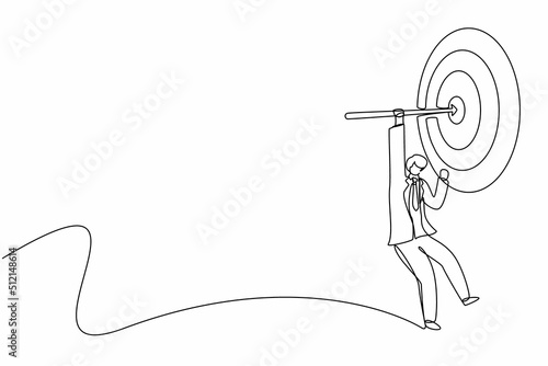 Single one line drawing businessman hanging arrow on target, business success concept. Businessman hanging on bow at center of target. Modern continuous line draw design graphic vector illustration