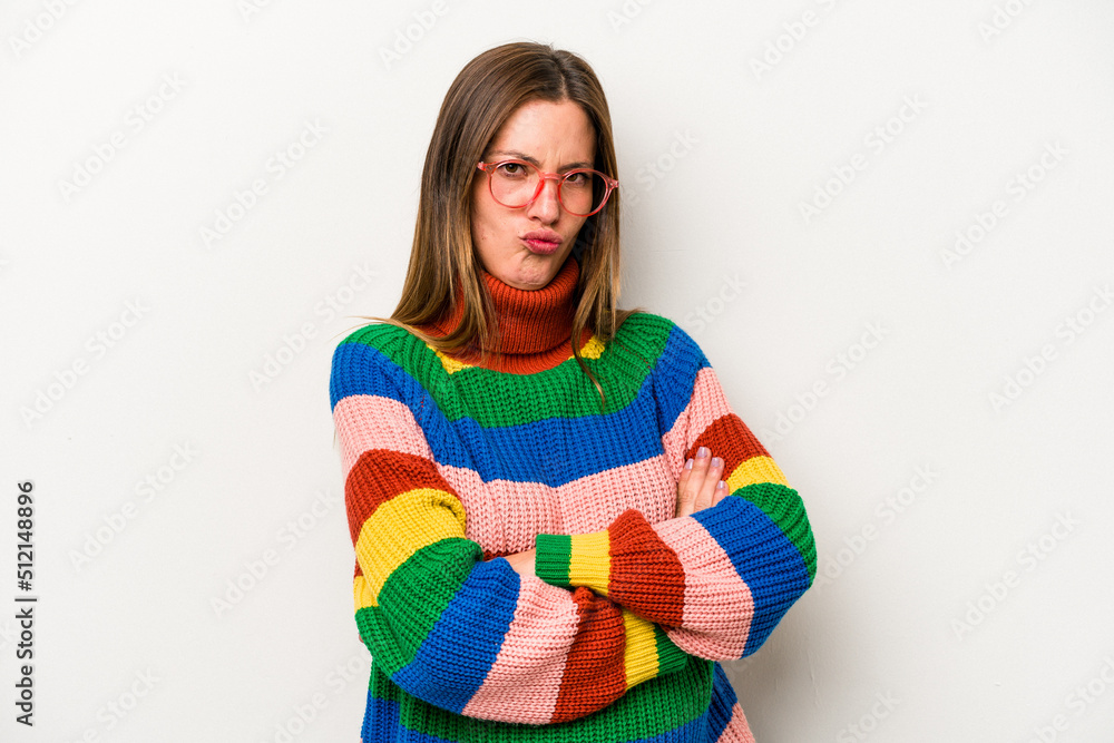 Young caucasian pregnant woman isolated on white background unhappy looking in camera with sarcastic expression. Young caucasian pregnant woman isolated on white background unhappy looking in camera with sarcastic expression.