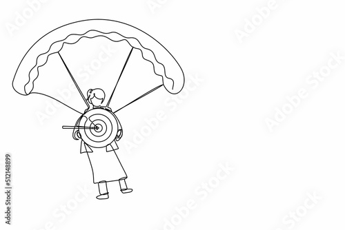 Single continuous line drawing cute businesswoman holding target with arrow in bullseye and jumping with parachute. Goal setting. Professional manager. One line draw graphic design vector illustration