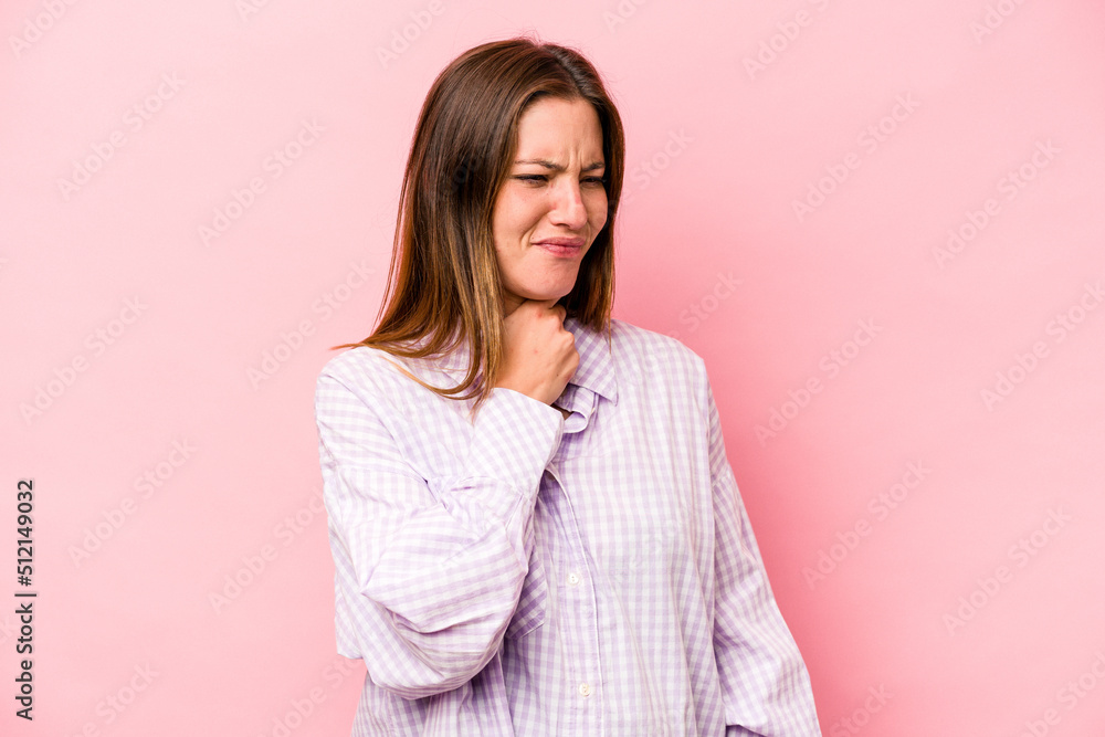 Young caucasian pregnant woman isolated on white background suffers pain in throat due a virus or infection. Young caucasian pregnant woman isolated on white background suffers pain in throat due a virus or infection.