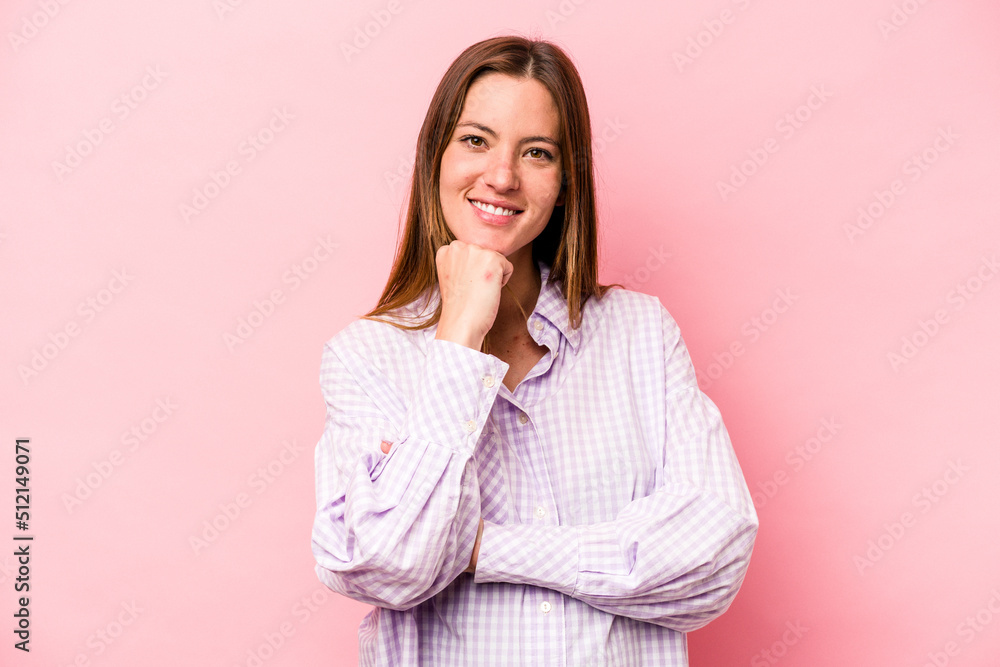 Young caucasian pregnant woman isolated on white background smiling happy and confident, touching chin with hand. Young caucasian pregnant woman isolated on white background smiling happy and confident, touching chin with hand.