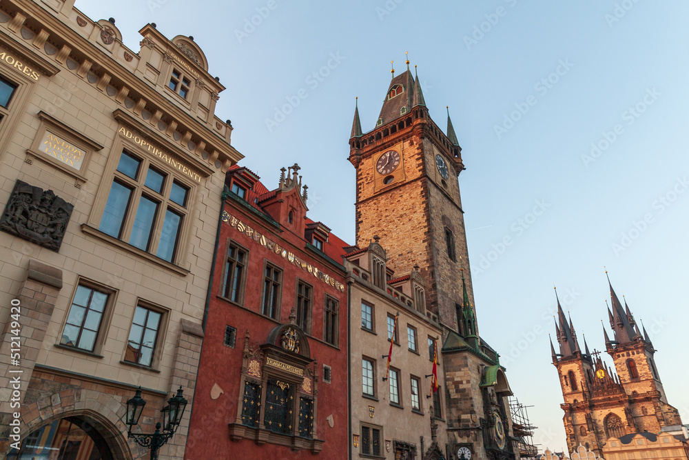 Cityscape with the Old Town Hall on a sunny day, Prague,