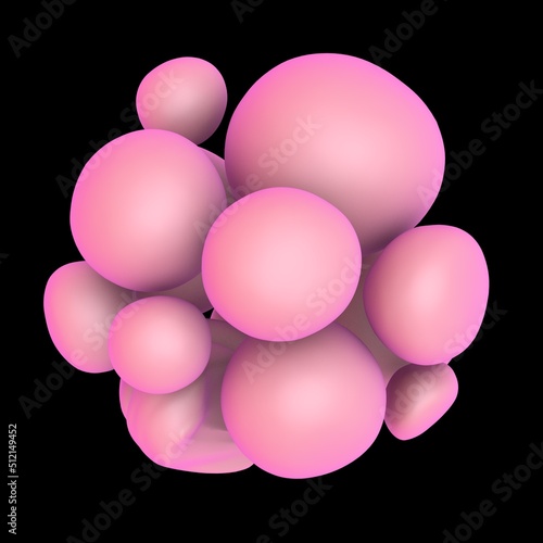 Abstract 3D render of bubbles of geometric shapes. Collision of balls. 