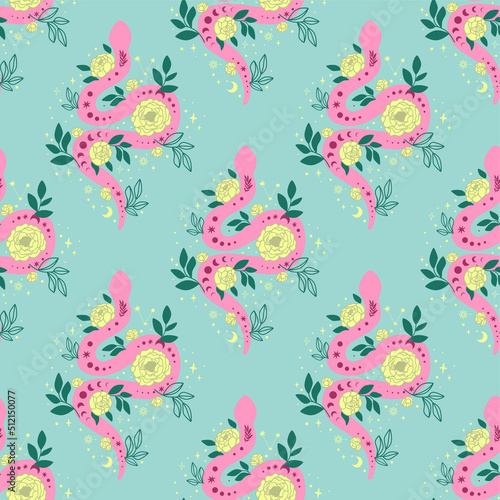 Floral snake seamplles pattern. Celestial snake background. Pink decorative serpent, star flower roses botanical print. Vector illustration. Spiritual snake print wallpaper, card. Wild reptile design.