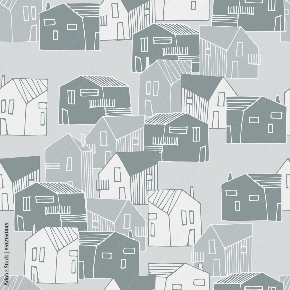 Seamless pattern with small detached, single-family houses on gray background for surface design and other design projects