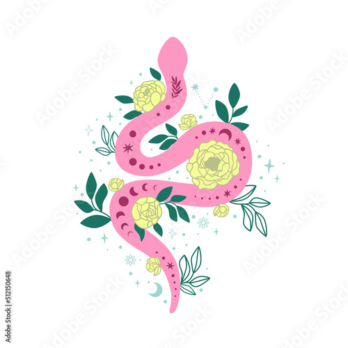Serpent. Floral snake isolated on white. Pink snake roses flowers leaves hand drawn graphic element. Moon phase Celestial serpent print. Botanical vector illustration. Spiritual snake. Reptile poster