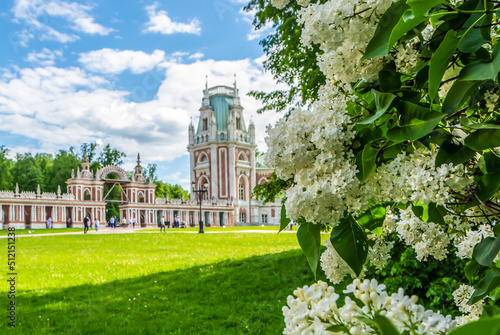 Canvas Print White lilac against the backdrop of the Grand Palace in Tsaritsyno park, Moscow,