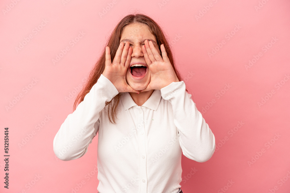 Little caucasian girl isolated on pink background shouting excited to front. Little caucasian girl isolated on pink background shouting excited to front.