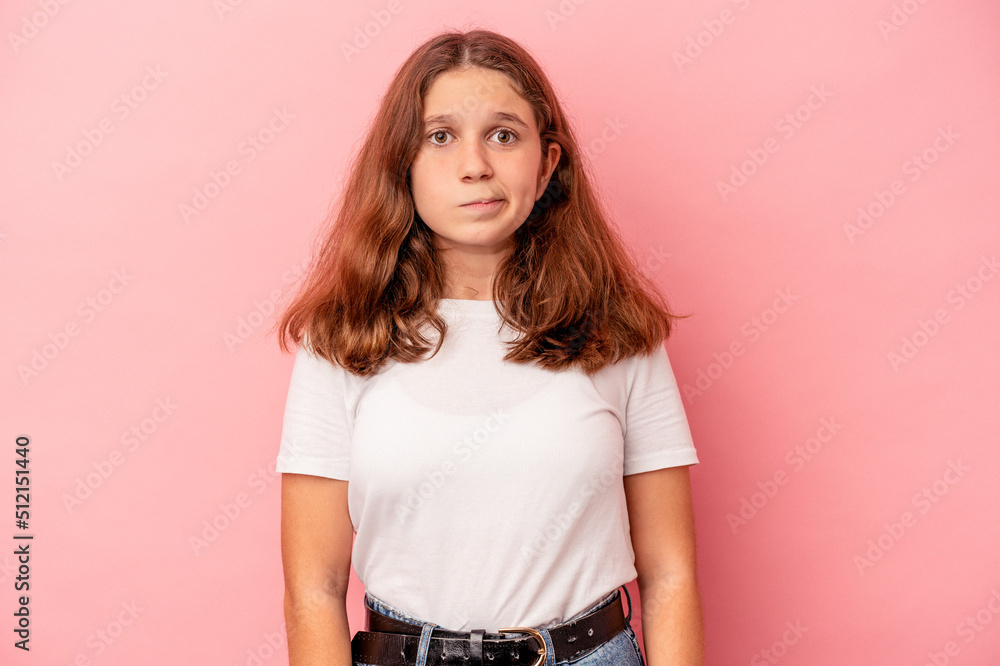 Little caucasian girl isolated on pink background sad, serious face, feeling miserable and displeased. Little caucasian girl isolated on pink background sad, serious face, feeling miserable and displeased.