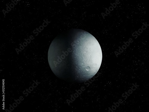 Planetary satellite covered with craters. Stone moon with a solid surface on a black background with stars. 