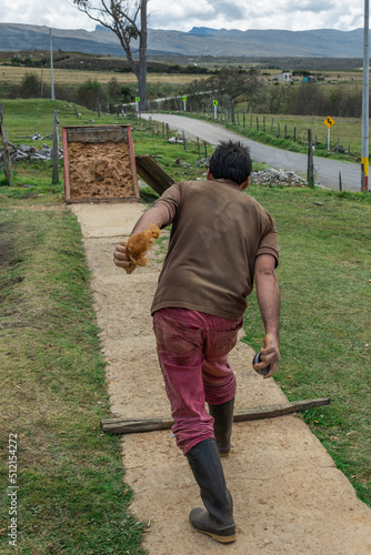 Un hombre jugando tejo, se prepara para lanzar, deporte autóctono Colombiano photo