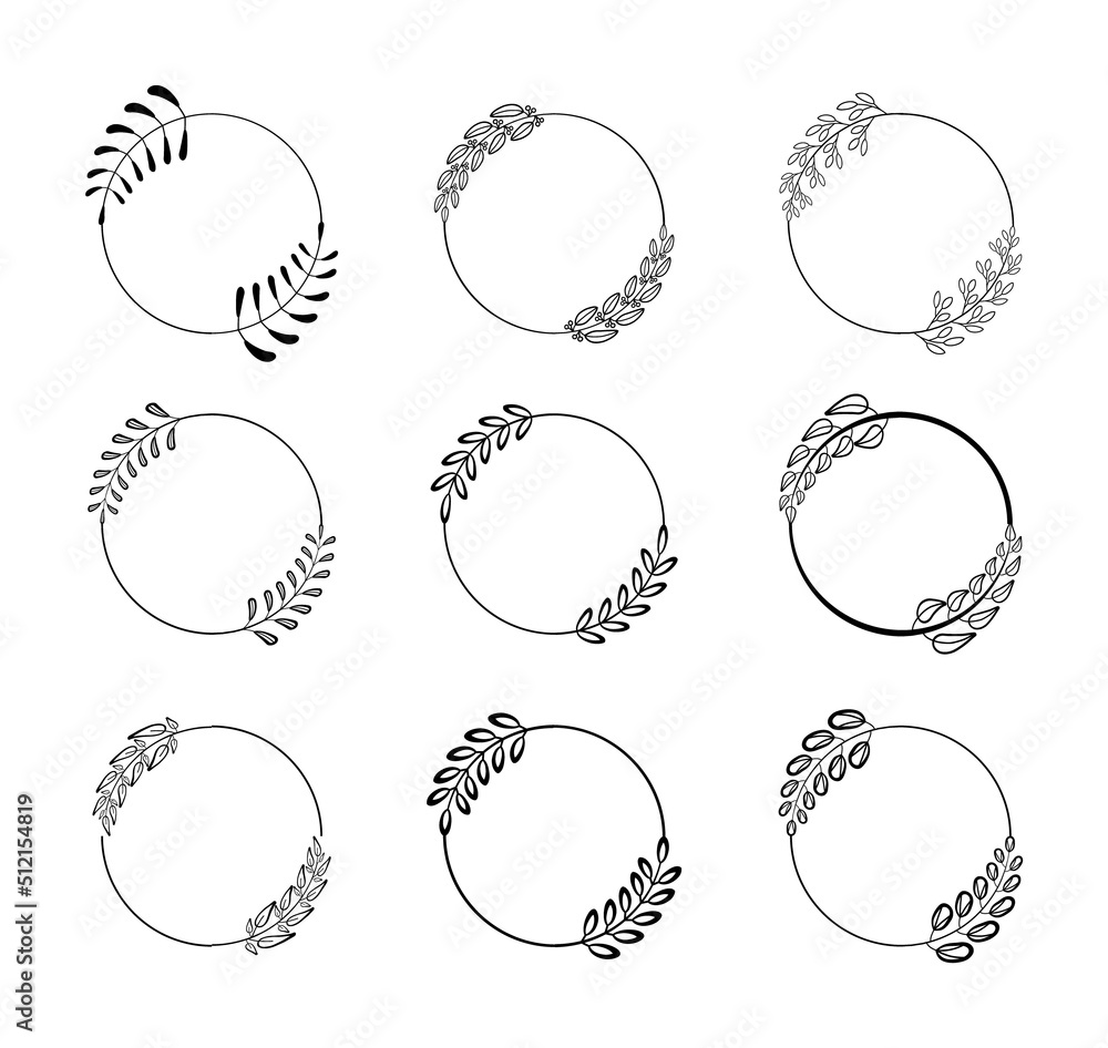 Laurels round border vector set. Set of different linear circle laurel leaves. Wheat and olive wreaths for victory, triumph. Laurels round border vector set. Set of different linear circle laurel leaves. Wheat and olive wreaths for victory, triumph.