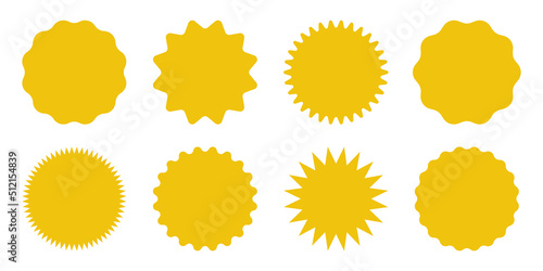 Yellow shopping labels collection. Sale or discount sticker. Special offer price tag. Supermarket promotional badge. Vector sunburst icon.