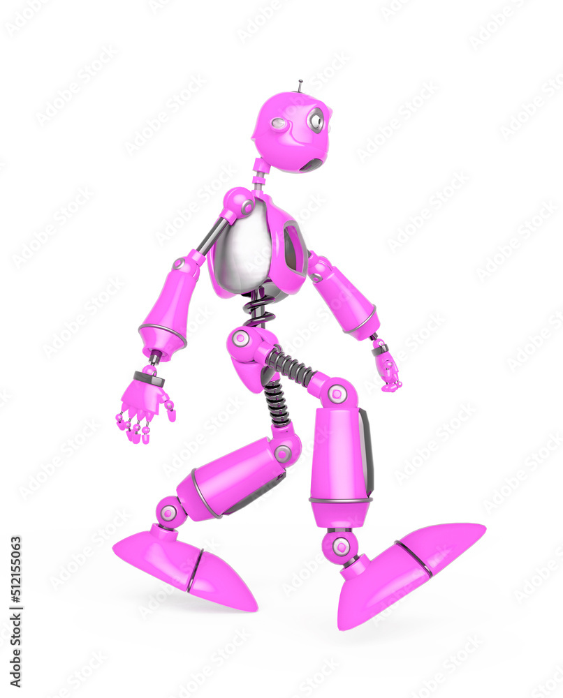 funny robot cartoon is walking side view