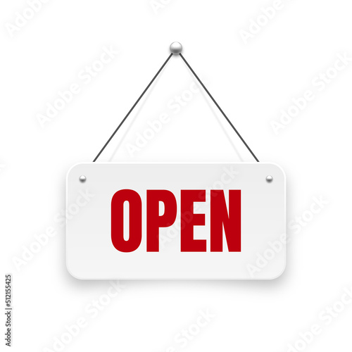 Realistic open hanging signboard. Vintage door sign for cafe, restaurant, bar or retail store. Announcement banner, information signage for business or service. Vector illustration
