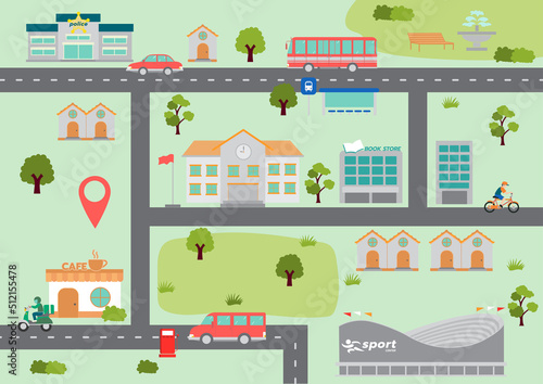 City location map with roads, houses, cars, parks and buildings