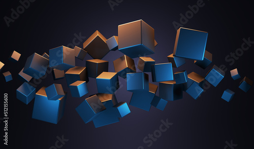 3D render of scattered black cubes levitating on black background