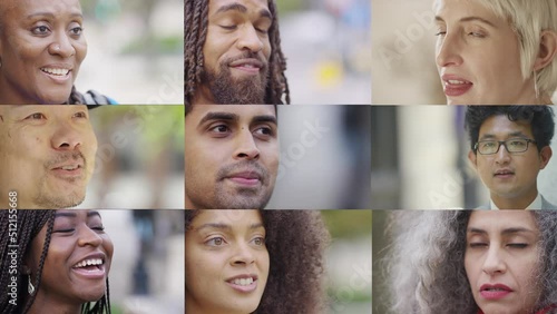 Collage of a group of people interviewed or in conversation talking to someone off camera