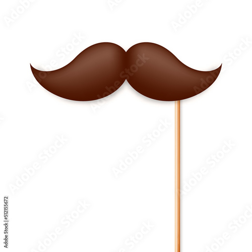 Realistic fake mustache on a wooden stick. Vintage paper mustache for carnival or holiday. Brown facial hair, hipster beard. Vector illustration