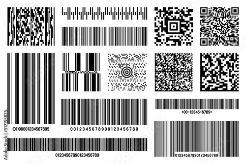 Set of product barcodes and QR codes. Identification tracking code. Serial number, product ID with digital information. Store or supermarket scan labels, price tag. Vector illustration.