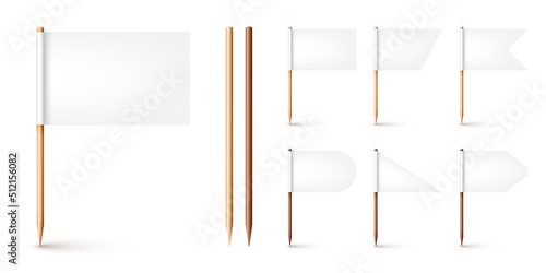 Realistic various toothpick flags. Wooden toothpicks with white paper flag. Location mark, map pointer. Blank mockup for advertising and promotions. Vector illustration