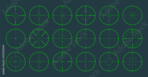Various sniper rifle night sights, weapon optical scope crosshair. Hunting gun green viewfinder. Shooting mark symbol, aim. Military target sign. Game interface UI element. Vector illustration