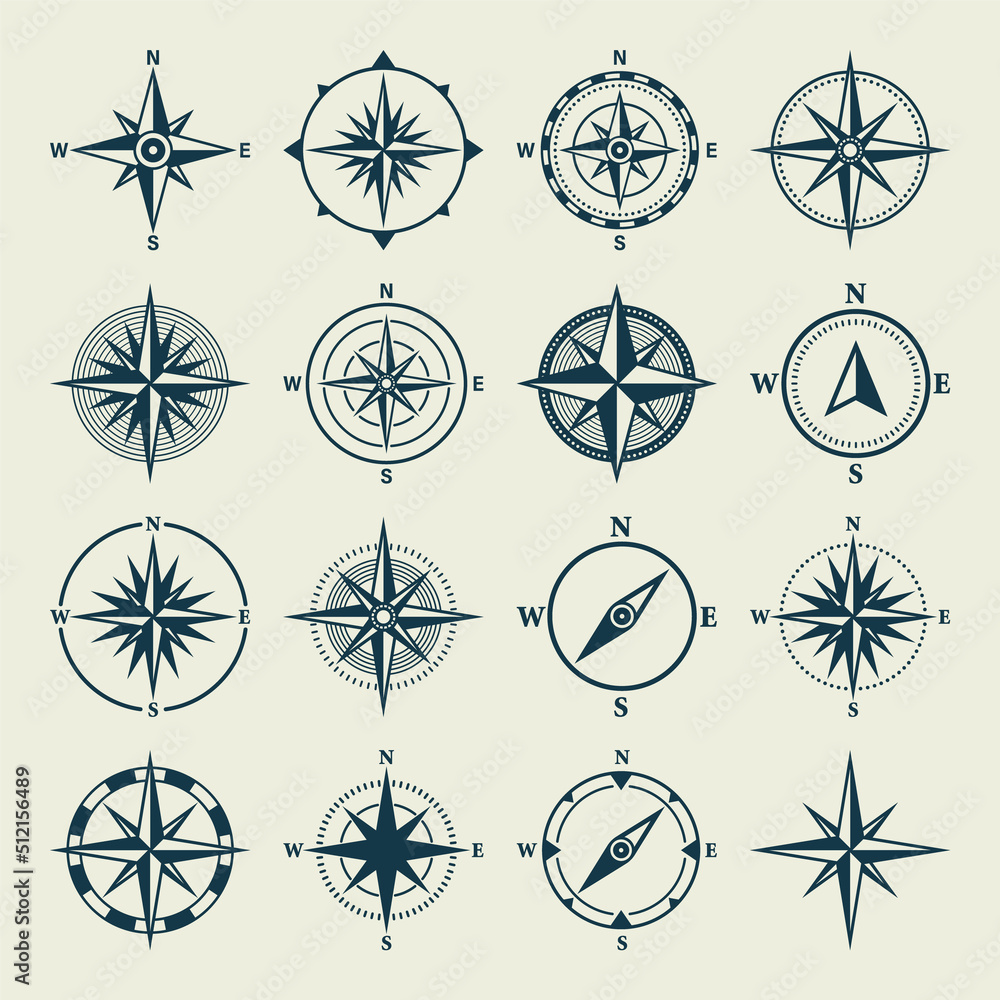 Vintage marine wind rose, nautical chart. Monochrome navigational compass with cardinal directions of North, East, South, West. Geographical position, cartography and navigation. Vector illustration.