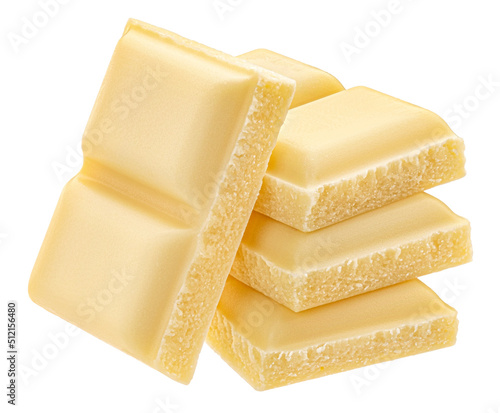 Fotografie White milk chocolate pieces isolated on white background