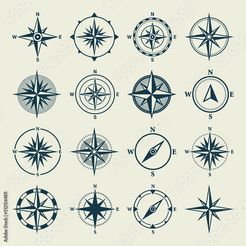 Vintage marine wind rose, nautical chart. Monochrome navigational compass with cardinal directions of North, East, South, West. Geographical position, cartography and navigation. Vector illustration.