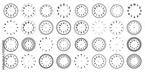 Mechanical clock faces with arabic numerals, bezel. Watch dial with minute, hour marks and numbers. Timer or stopwatch element. Blank measuring circle scale with divisions. Vector illustration