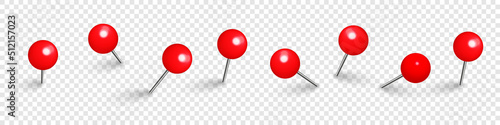 Realistic red push pins. Board tacks isolated on transparent background. Plastic pushpin with needle. Vector illustration.