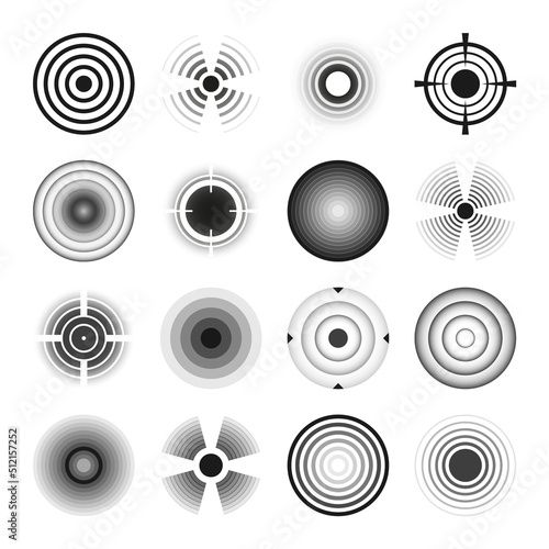 Various weapon sights, black crosshair icons. Aim, shooting mark symbol. Military target sign, silhouette. Radial sonar sound waves, radio signal. Vector illustration