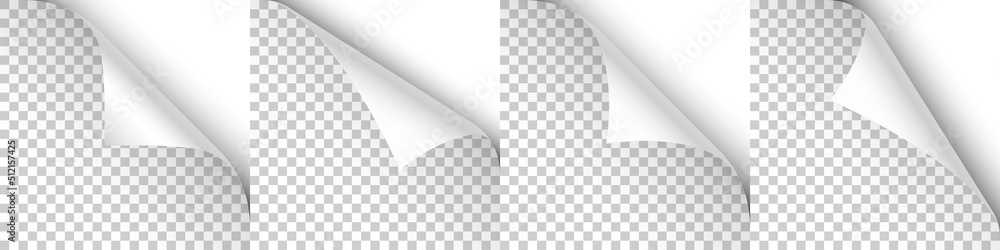 Set of white paper curls. Curled page corner with shadow. Blank sheet of paper. Design element for advertising and promotion. Vector illustration.