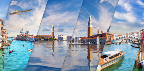 Most famous places of visit in Venice in original collage photo of Italy