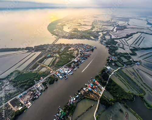 Aerial view of an estuary near Wat Pak Ao  Phetchaburi  Thailand