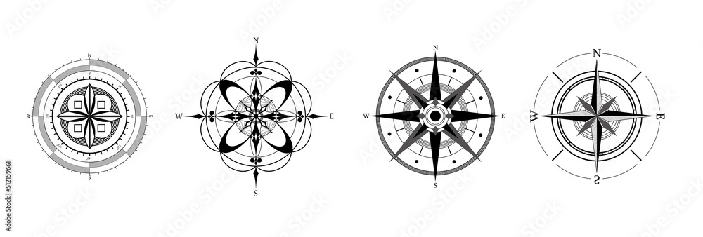 Compass roses with four cardinal directions - North, East, South, West on white background, banner design. Illustration