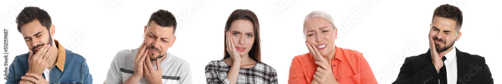 Collage with photos of people suffering from toothache on white background. Banner design Collage with photos of people suffering from toothache on white background. Banner design
