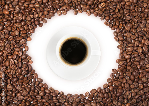 Cup of tasty espresso and roasted coffee beans on white background, flat lay © New Africa