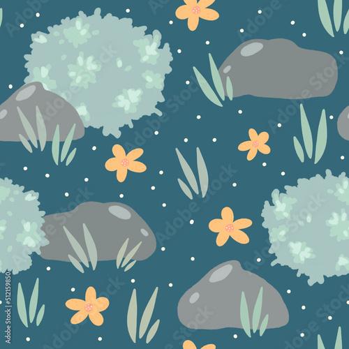 cute cartoon abstract fairy seamless pattern background illustration with colorful daisy flowers  bush  grass and fireflies