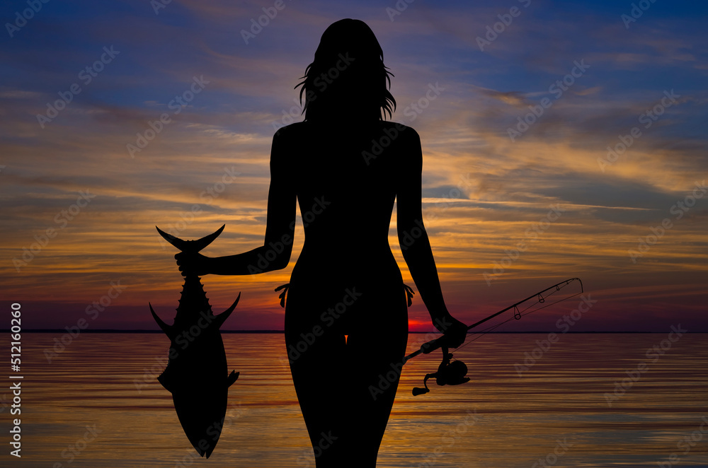 Night evening fishing. Fisherwoman with fish silhouette on sunset landscape  Stock Photo