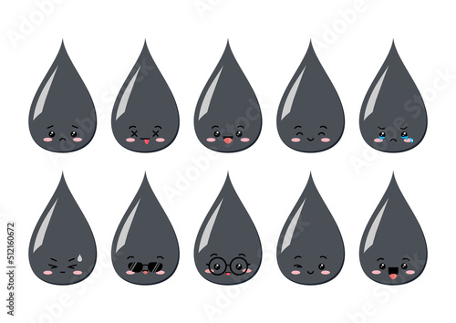 Cute oil drop character kawaii set. Petroleum or tar mascot with face. Petrol oil funny, sad, surprised, winking, in eyeglasses, sunglasses emoji icon collection. Vector cartoon illustration.