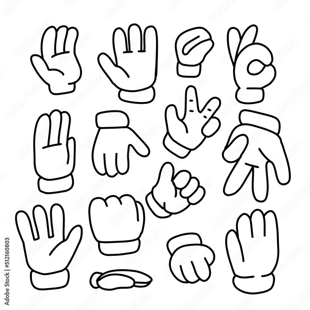 Hand drawn set of Cartoon hands in different gestures. Linear Hands in white gloves. Element for your design. Vector outline illustration. Hand drawn set of Cartoon hands in different gestures. Linear Hands in white gloves. Element for your design. Vector outline illustration.