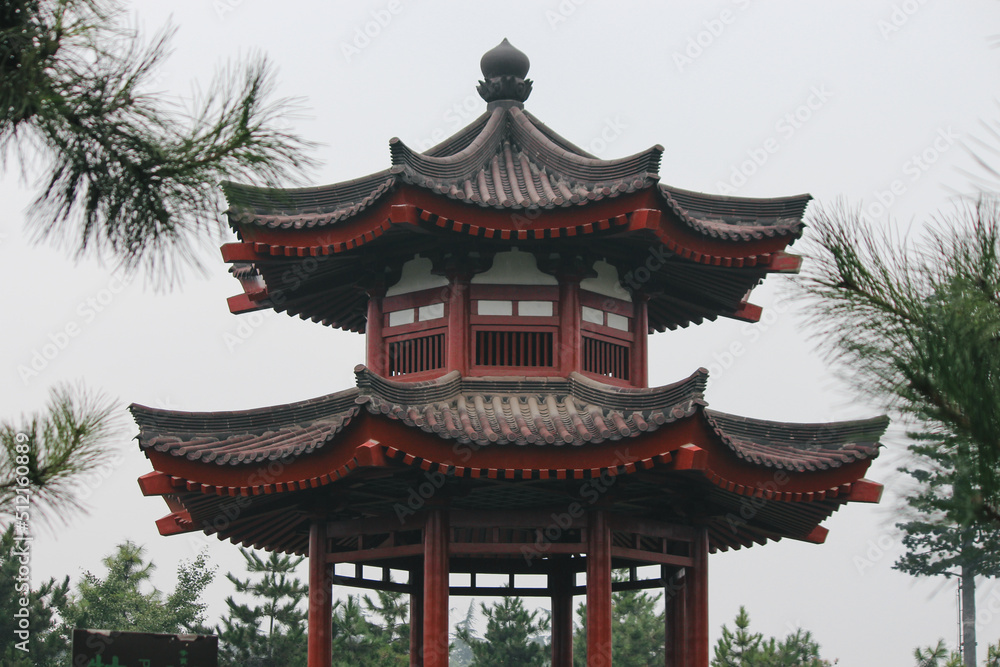 photograph of a Chinese garden with a red pavilion with Chinese architecture photograph of a Chinese garden with a red pavilion with Chinese architecture
